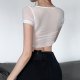 Wooden Ear Edge Perspective Slim Lace-up Gauze Short Sleeve T-shirt Female