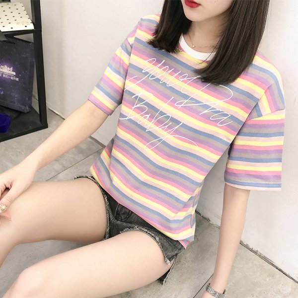 Fashion Rainbow Striped T-Shirt Women's Short Sleeve Top Casual Slim Fit