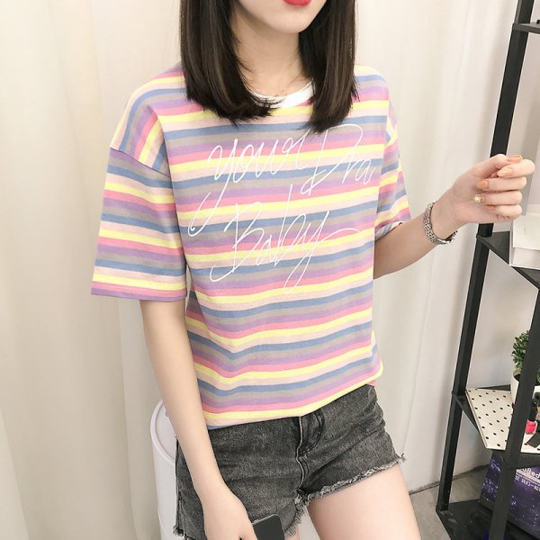 Fashion Rainbow Striped T-Shirt Women's Short Sleeve Top Casual Slim Fit