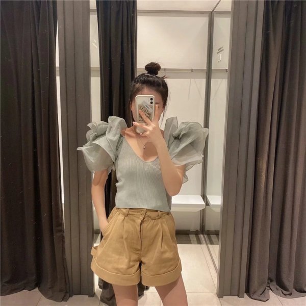 Organza Short Sleeve Slim Fit Short Crop Top