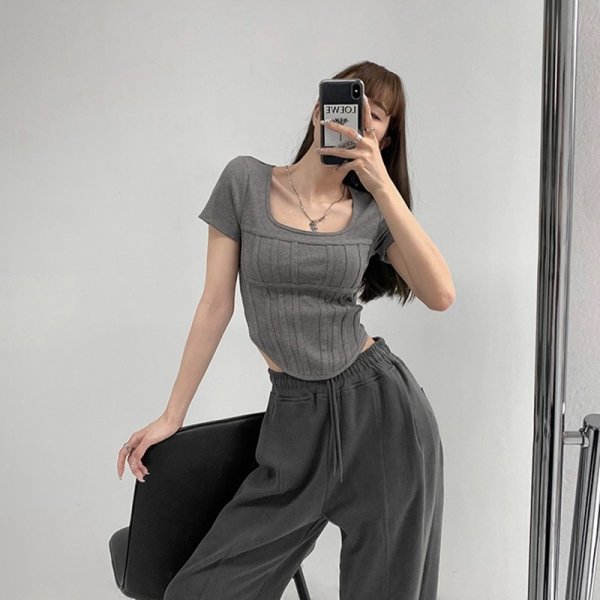 Niche Slim Bottoming Shirt Sexy Leak Collarbone Short Sleeve T-shirt Female