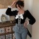 Long Sleeve Top Shirt Slim Bowknot Square Collar Short Bottoming Shirt Women